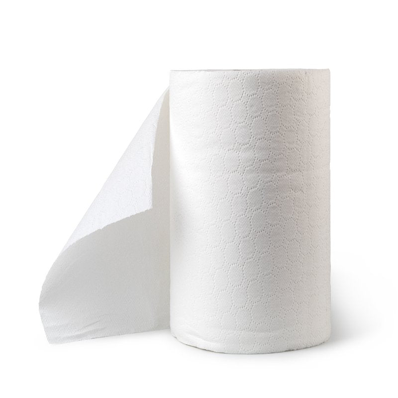 A roll of white toilet paper on a white background.