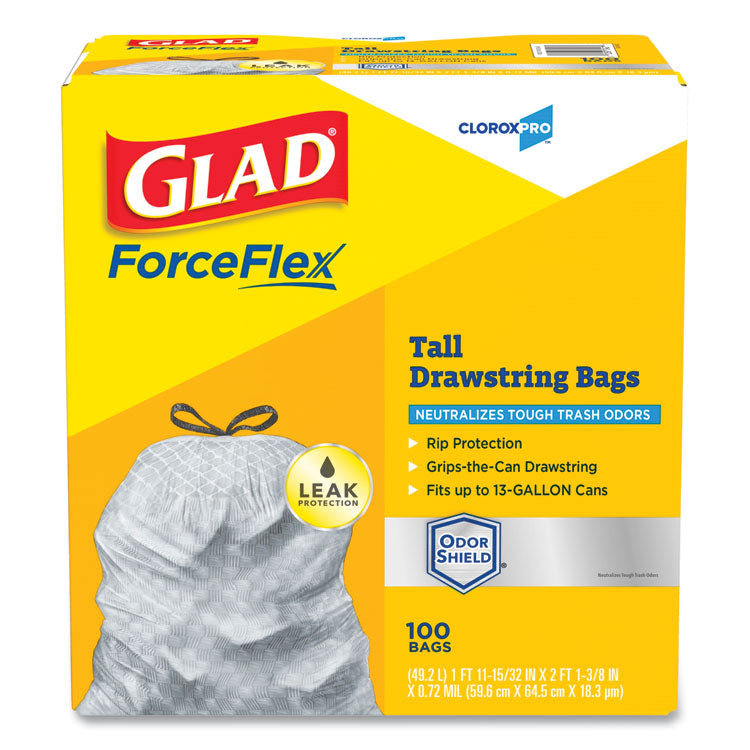 Glad® ForceFlex Tall Kitchen Trash Bags, Gray, 100/box, 0.72mil, 13gal