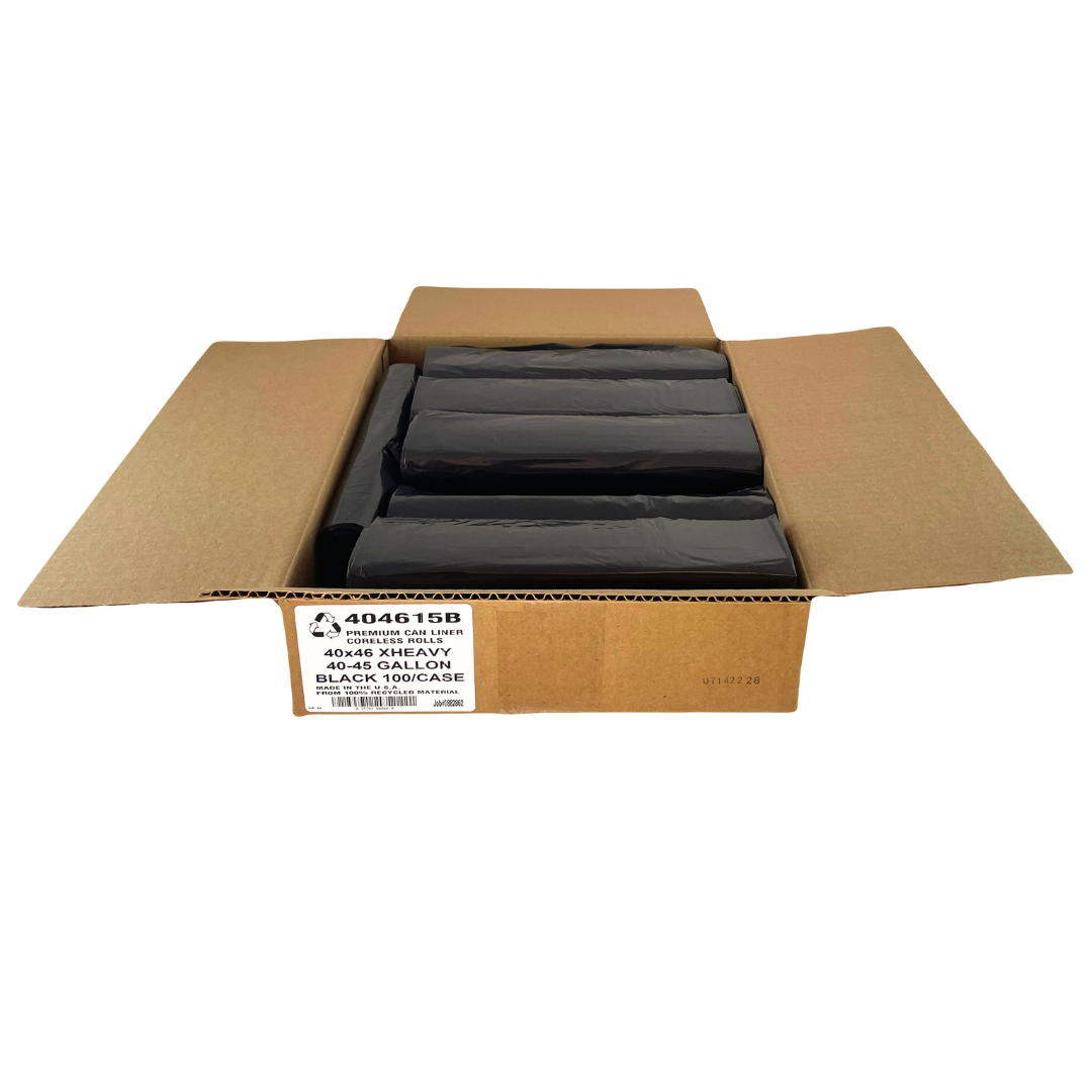 40-45 Gallon Black Trash Bags, 40 x 46, 2.0 Mil, 100 Per Case, Coreless