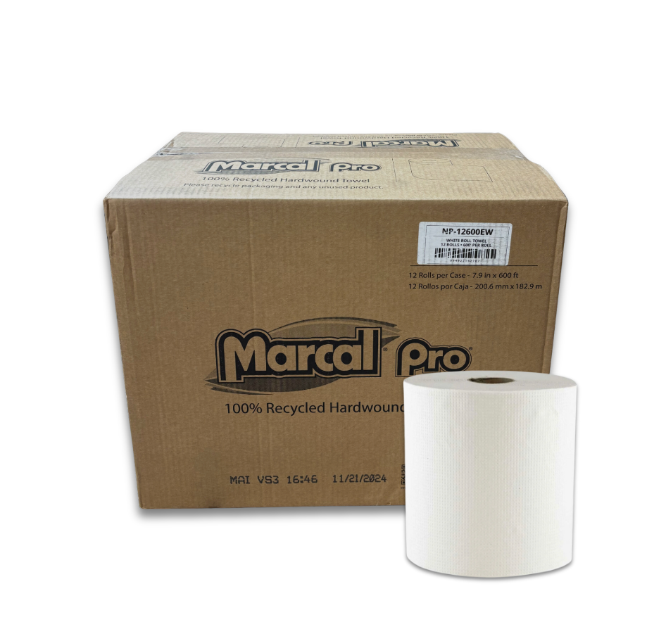 Marcal® Embossed White Roll Towels | 100% Recycled | 12 Rolls/Case | 600ft./Roll