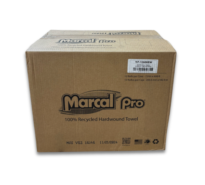 Marcal® Embossed White Roll Towels | 100% Recycled | 12 Rolls/Case | 600ft./Roll