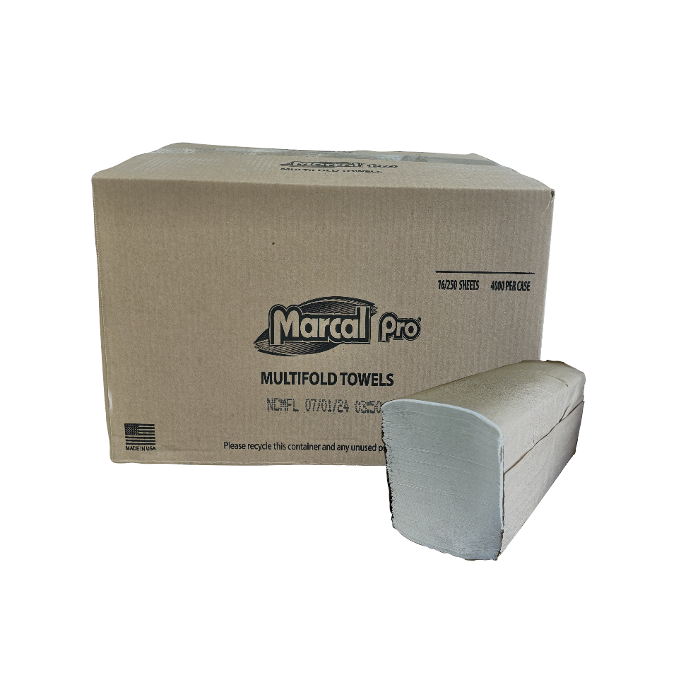 Marcal® Pro™ Multifold White Paper Towels | GREEN SEAL® Certified - 100% Recycled and Sustainable | 9.25" x 9.5" | 16 (250 Sheet) Packs/Case | 4000 Sheets Total/Case